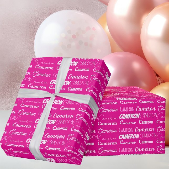 Hot Pink Birthday Trendy Personalised Name Wrapping Paper (Creator Uploaded)