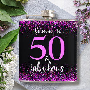 Hot pink black 50 and fabulous custom name modern hip flask