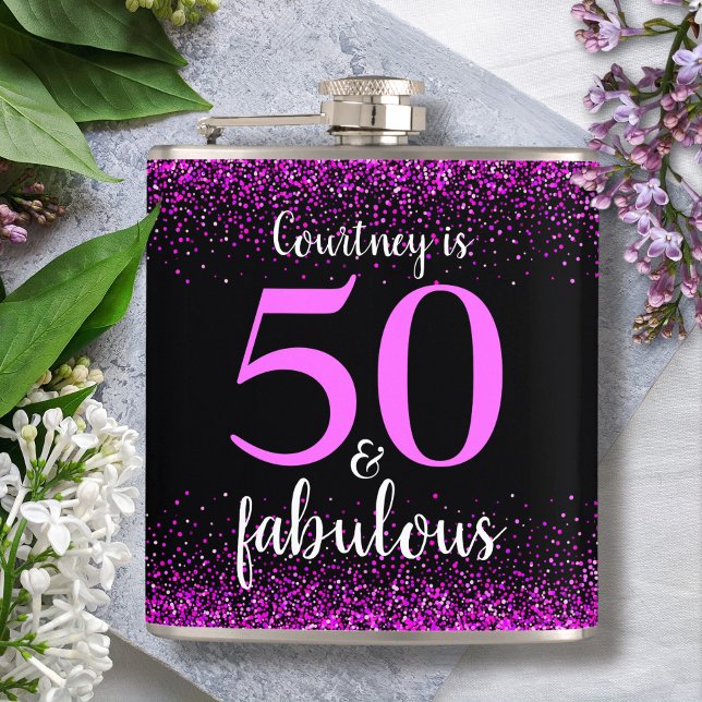 Hot pink black 50 and fabulous custom name modern hip flask (Creator Uploaded)