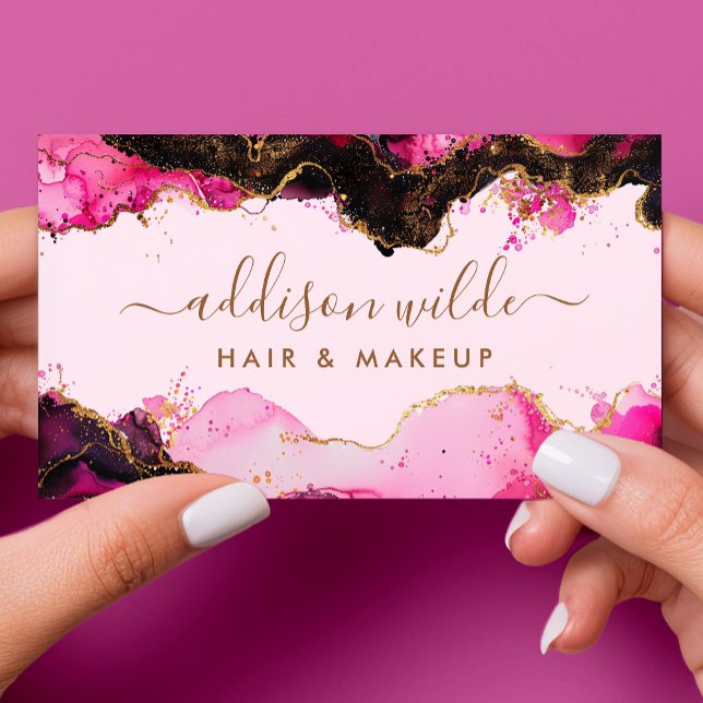 Hot Pink Black And Gold Girly Glitter Agate Business Card (Creator Uploaded)