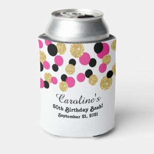 Hot Pink, Black and Gold Glitter Confetti   50th Can Cooler