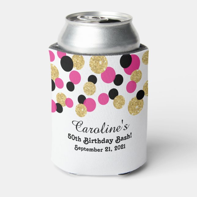 Hot Pink, Black and Gold Glitter Confetti | 50th Can Cooler (Can Back)
