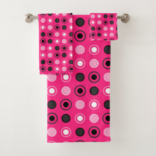 Hot pink, black and grey dots bath towel set