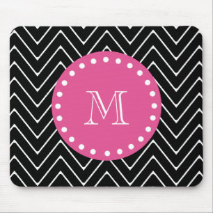 Hot Pink, Black and White Chevron Your Monogram Mouse Pad