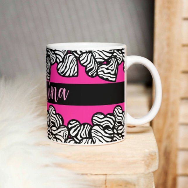 Hot pink black and white zebra pattern heart name  coffee mug (Creator Uploaded)