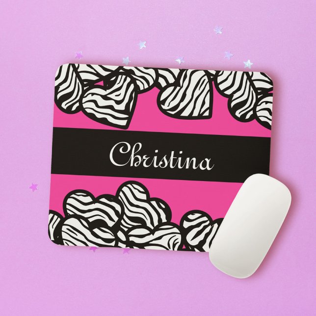 Hot pink black and white zebra pattern heart name  mouse pad (Creator Uploaded)
