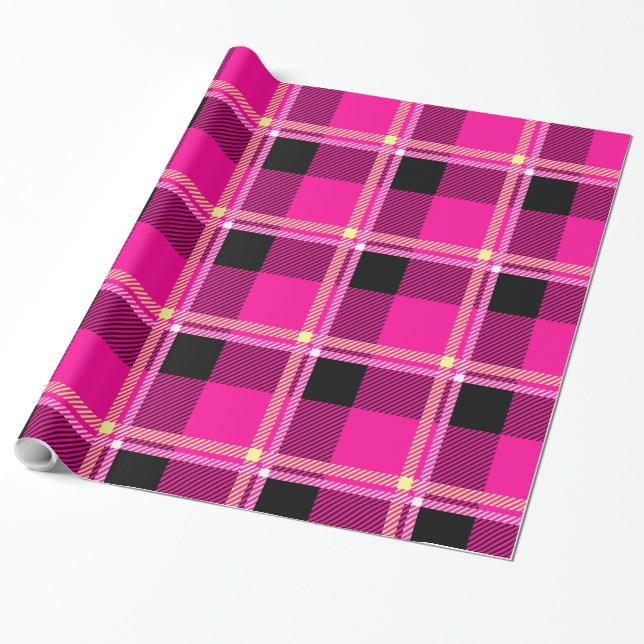 Hot Pink, Black and Yellow Plaid Wrapping Paper (Unrolled)