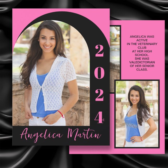 Hot Pink Black Arch Photo Class 2024 Graduation  (Hot pink and black arch-photo high school graduation announcement printed on front and back.)