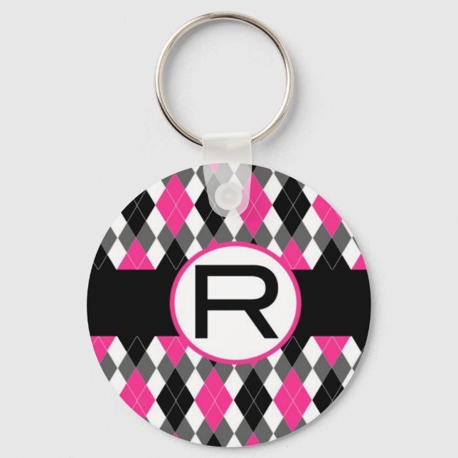 Hot Pink & Black Argyle Monogram Keychain "R" (Front)