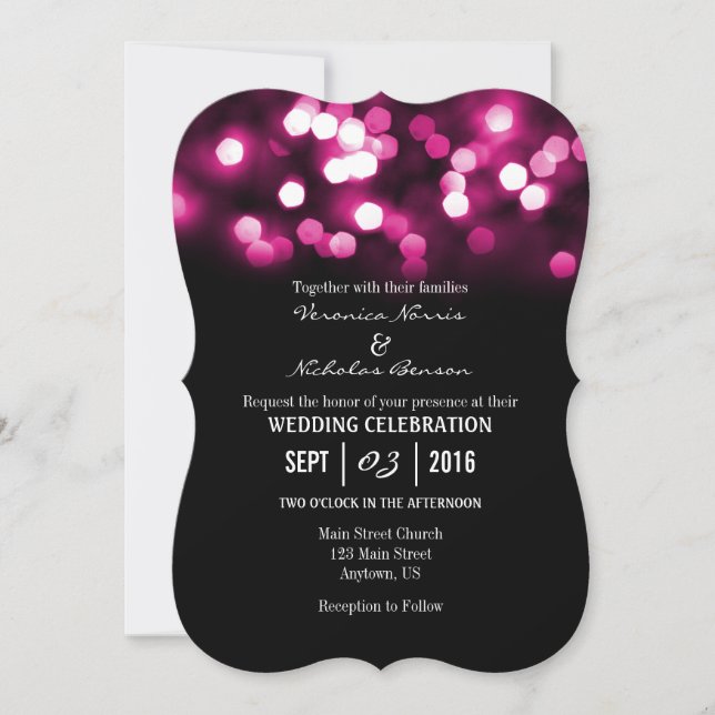 Hot Pink Black Bokeh Lights Wedding Invites (Front)