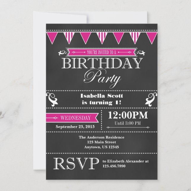Hot Pink Black Chalkboard Birthday Invitation (Front)