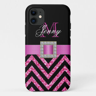 HOT PINK BLACK CHEVRON GLITTER GIRLY iPhone 11 CASE