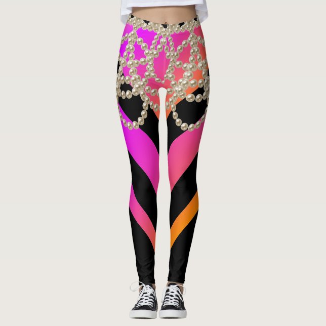 HOT PINK BLACK CHEVRON GLITTER GIRLY PEARLS LEGGINGS (Front)