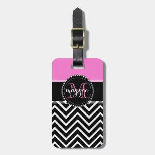 Hot Pink & Black Chevron Zigzag Monogram Luggage Tag