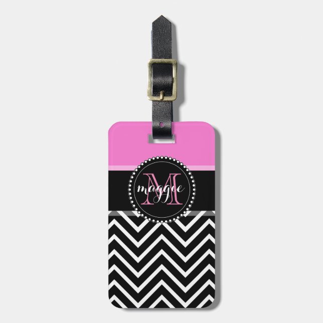 Hot Pink & Black Chevron Zigzag Monogram Luggage Tag (Front Vertical)