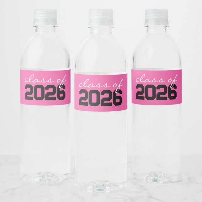 Hot Pink & Black Class of Graduation Water Bottle Label (Bottles)