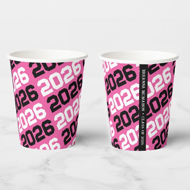 Hot Pink & Black Class Year Graduation Paper Cups (Creator Uploaded)