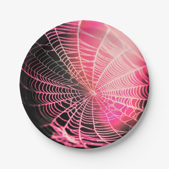 Hot Pink Black Creepy Spooky Spider Web Paper Plate (Front)