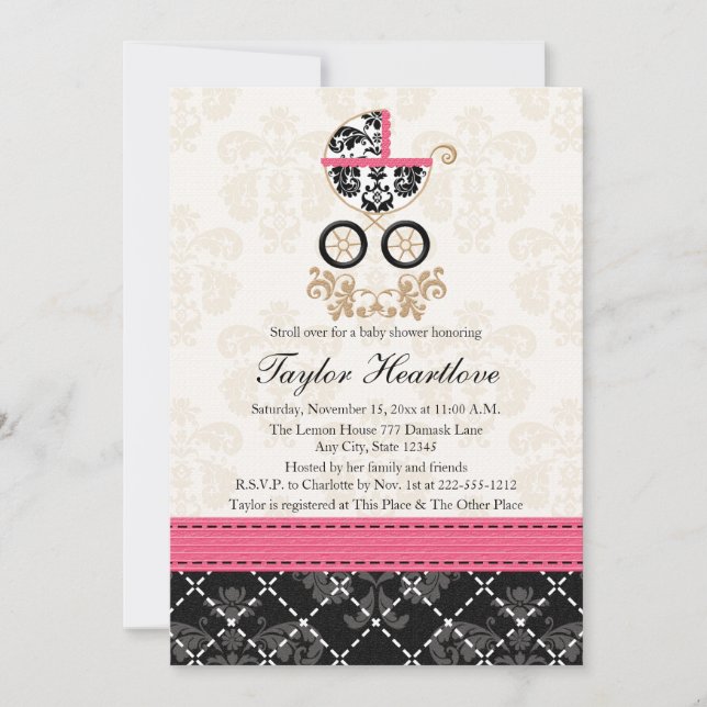 HOT PINK BLACK DAMASK BABY CARRIAGE BABY SHOWER INVITATION (Front)