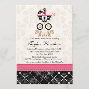HOT PINK BLACK DAMASK BABY CARRIAGE BABY SHOWER INVITATION