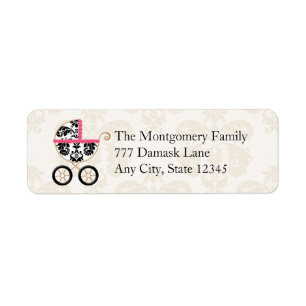 HOT PINK BLACK DAMASK BABY CARRIAGE RETURN ADDRESS LABEL
