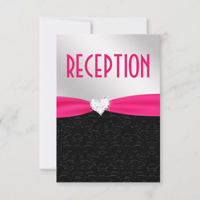 Hot Pink Black Damask Diamond Reception Card (Front)