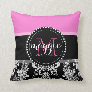 Hot Pink Black Damask Girly Monogram Pattern Cushion