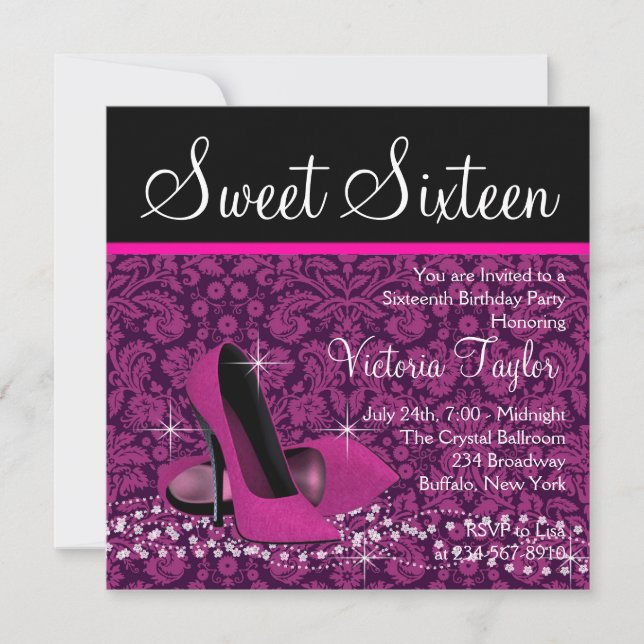 Hot Pink Black Damask High Heels Sweet 16 Party Invitation (Front)