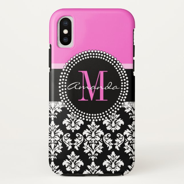 Hot Pink Black Damask Monogram Name Case-Mate iPhone Case (Back)