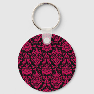 Hot Pink Black Damask Pattern Key Ring