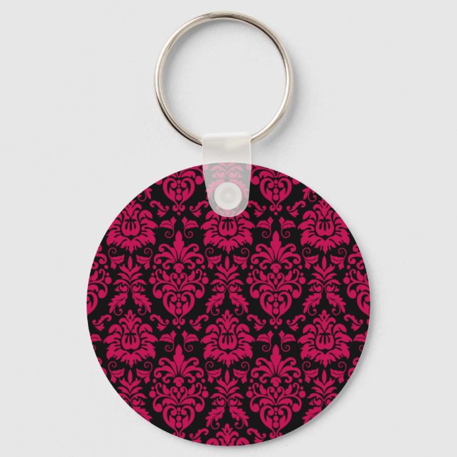 Hot Pink Black Damask Pattern Key Ring (Front)