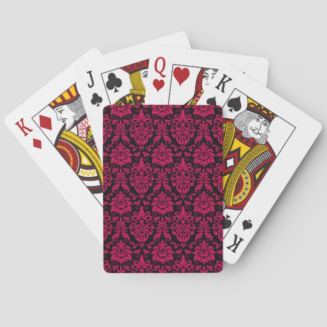 Hot Pink Black Damask Pattern Playing Cards (Back)