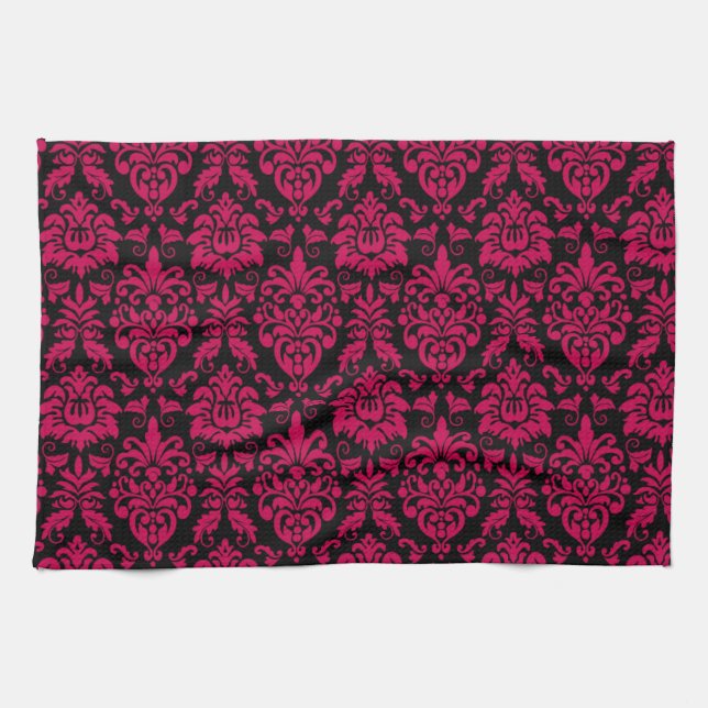 Hot Pink Black Damask Pattern Tea Towel (Horizontal)
