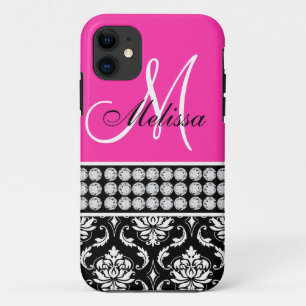 Hot Pink, Black Damask Printed Diamonds iPhone 11 Case