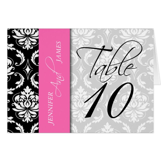 Hot Pink Black Damask Table Number Card Names (Front Horizontal)