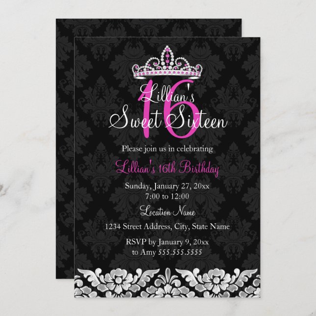 Hot Pink Black Damask & Tiara Sweet 16 Invitation (Front/Back)