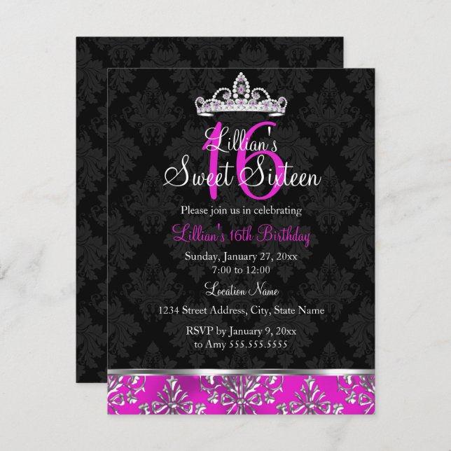 Hot Pink Black Damask Tiara Sweet 16 Invite (Front/Back)