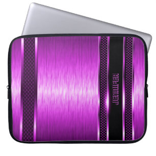 Hot Pink & Black Design Brushed Aluminium Look Laptop Sleeve