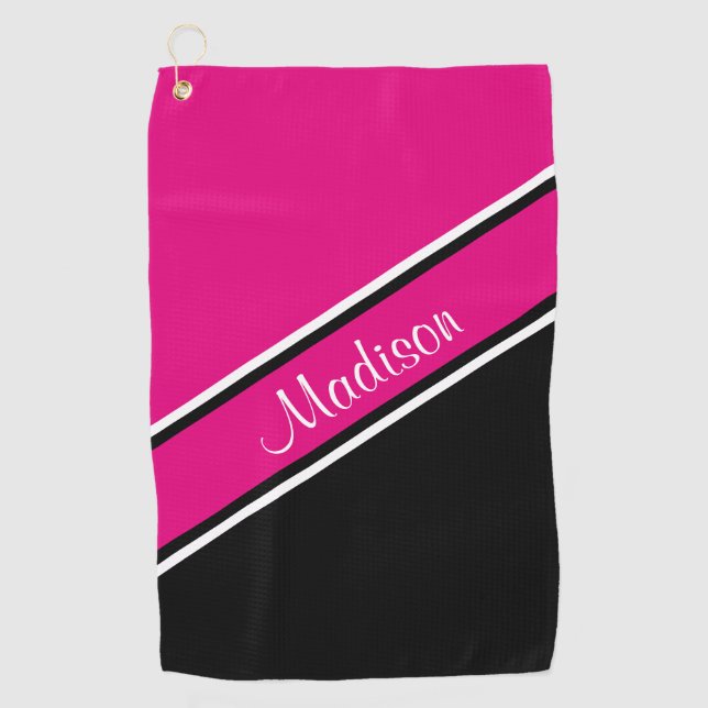 Hot Pink Black Diagonal Stripe Script Name Golf Towel (Front)