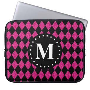 Hot Pink Black Diamond Pattern Monogram Laptop Sleeve