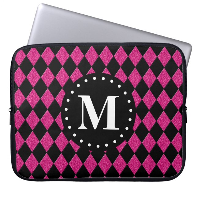 Hot Pink Black Diamond Pattern Monogram Laptop Sleeve (Front)