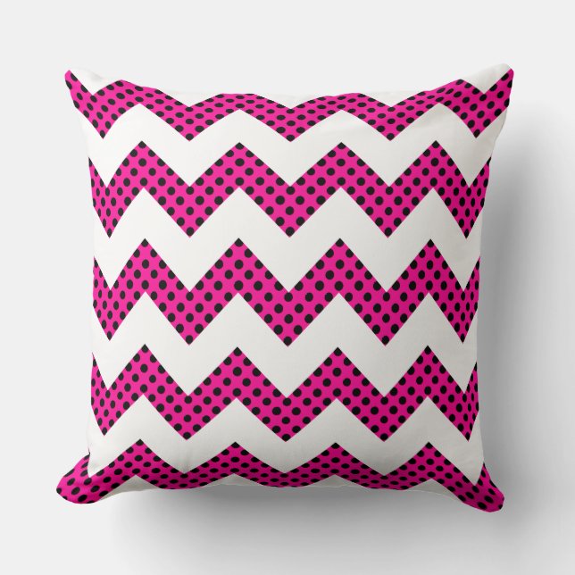 Hot Pink Black Dots Chevron Decorative Pillow (Front)