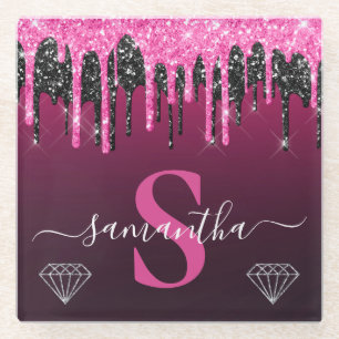 Hot Pink & Black Dripping Glitter Monogram Glass Coaster