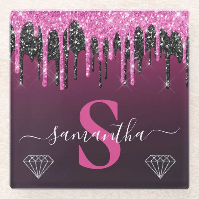 Hot Pink & Black Dripping Glitter Monogram Glass Coaster (Front)