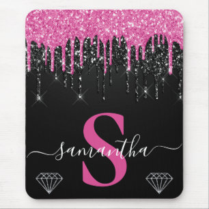 Hot Pink & Black Dripping Glitter Monogram Mouse Pad
