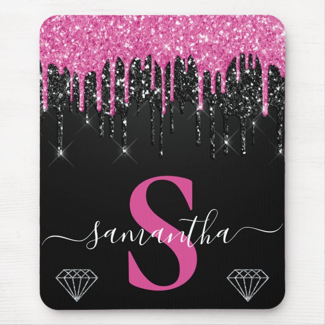 Hot Pink & Black Dripping Glitter Monogram Mouse Pad (Front)