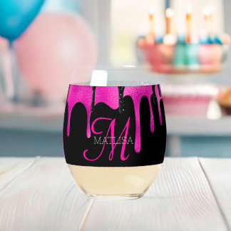 Hot Pink & Black Dripping Glitter Monogram Name Stemless Wine Glass