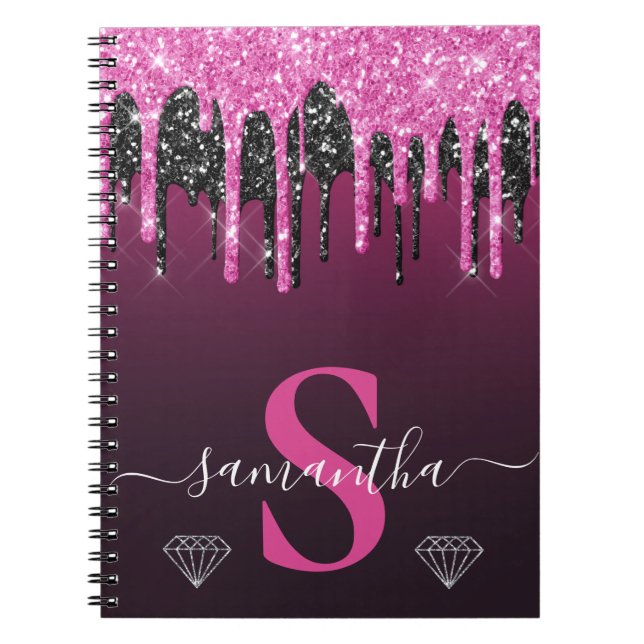 Hot Pink & Black Dripping Glitter Monogram Notebook (Front)