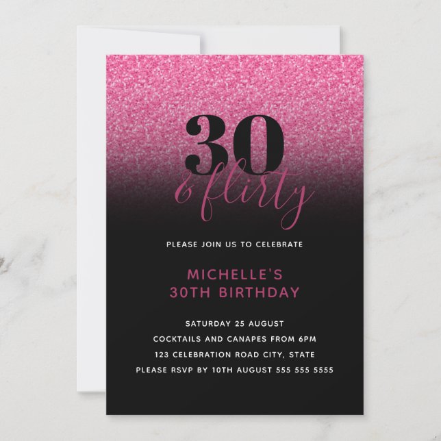 Hot Pink & Black Faux Glitter 30 & Flirty Thirty Invitation (Front)