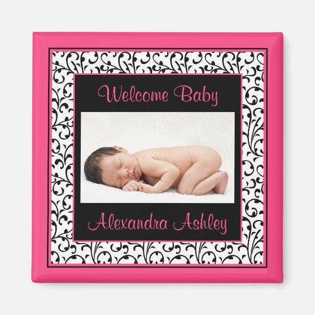 Hot Pink Black Floral Damask Baby Photo Magnet (Front)